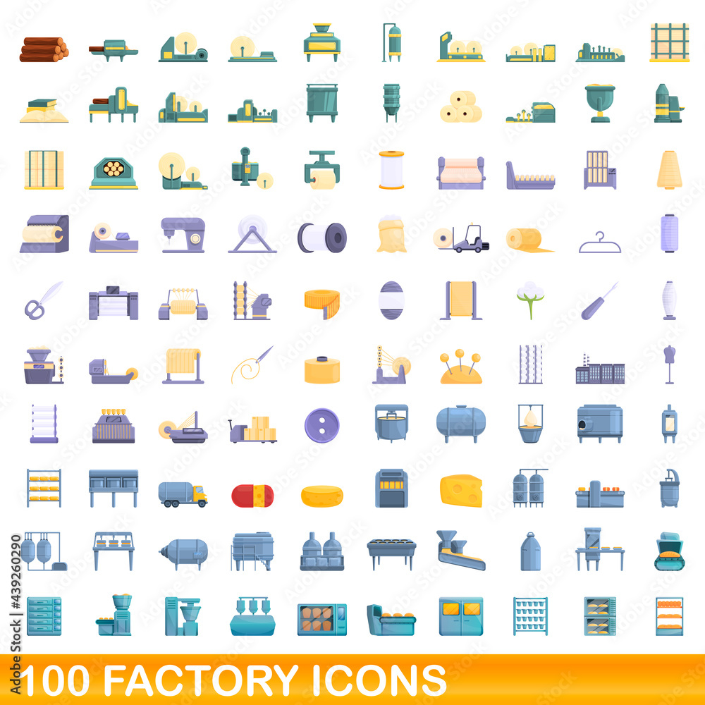 100 factory icons set. Cartoon illustration of 100 factory icons vector set isolated on white background 100 factory icons set. Cartoon illustration of 100 factory icons vector set isolated on white background