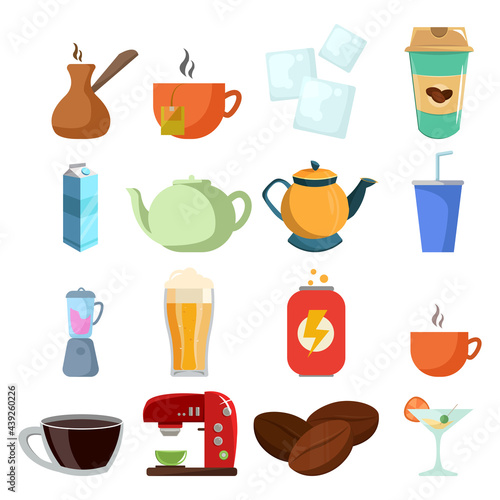 drinks vector clip art set with beer, coffee, milk box, soda, energy drink, cup of coffee, kettle, tea