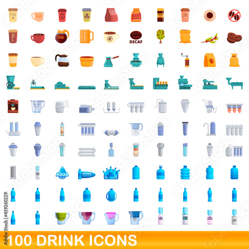 100 drink icons set. Cartoon illustration of 100 drink icons vector set isolated on white background