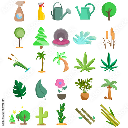 plan vector clip art set with bamboo, tree, flower, marijuana, leaf, palm, watering can