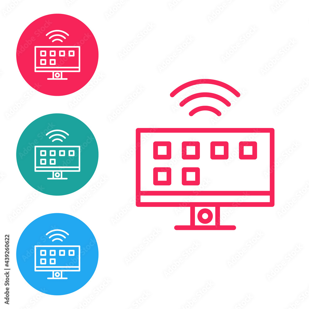 Red line Smart Tv system icon isolated on white background. Television sign. Internet of things concept with wireless connection. Set icons in circle buttons. Vector Red line Smart Tv system icon isolated on white background. Television sign. Internet of things concept with wireless connection. Set icons in circle buttons. Vector