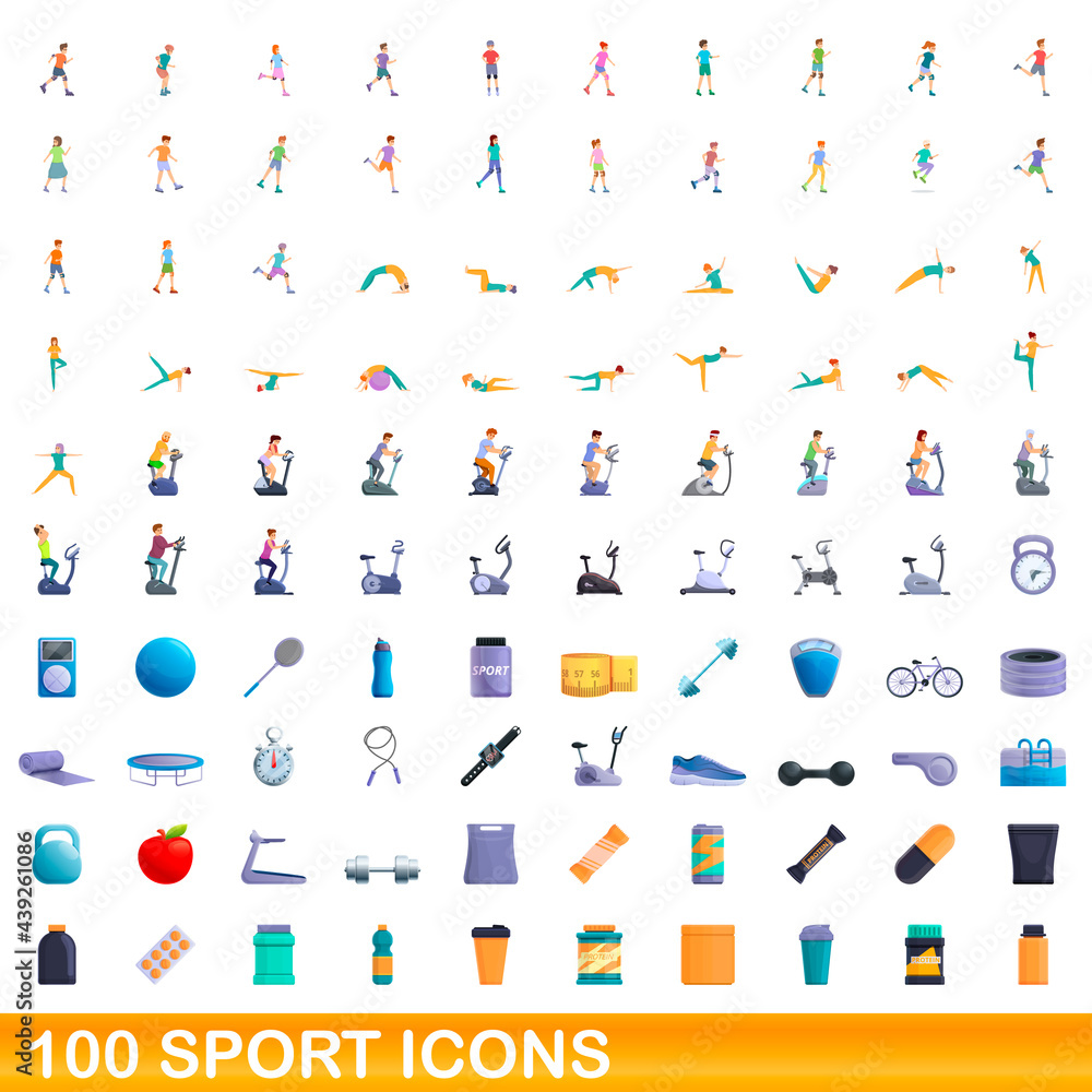 100 sport icons set. Cartoon illustration of 100 sport icons vector set isolated on white background