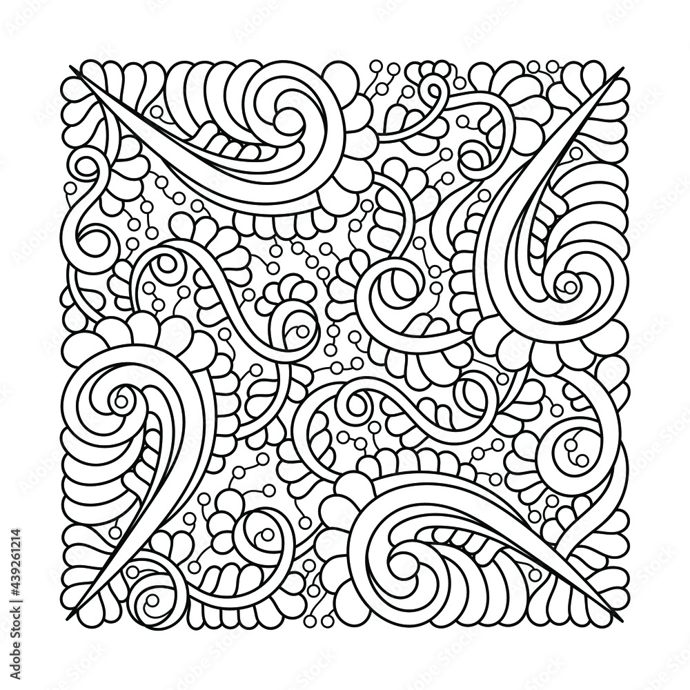 Fototapeta premium Coloring book for adults, art therapy. Decorative hand-drawn doodles. Vector abstract contour background, ethnic pattern. Curls, ribbons, and weaves.