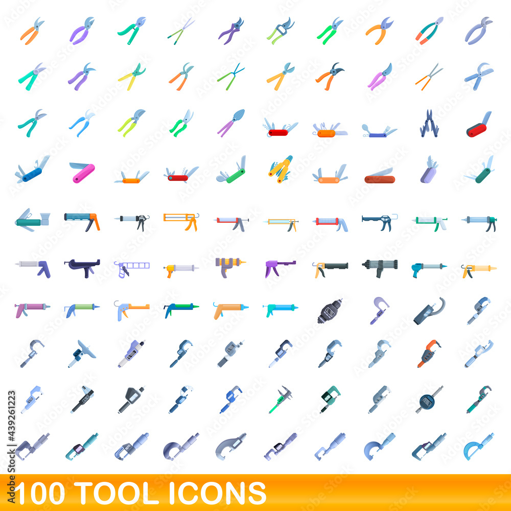 100 tool icons set. Cartoon illustration of 100 tool icons vector set isolated on white background