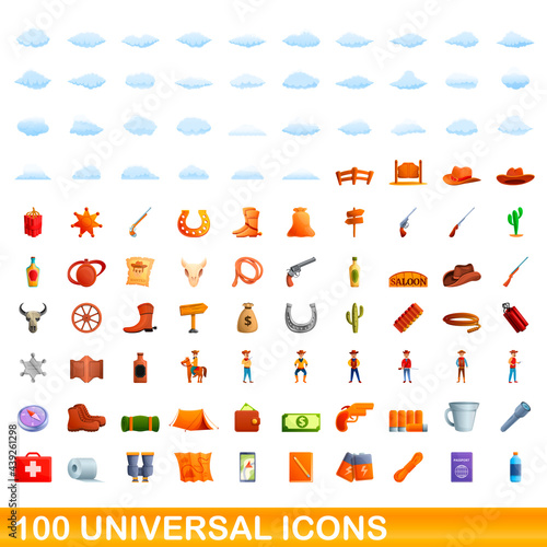 100 universal icons set. Cartoon illustration of 100 universal icons vector set isolated on white background