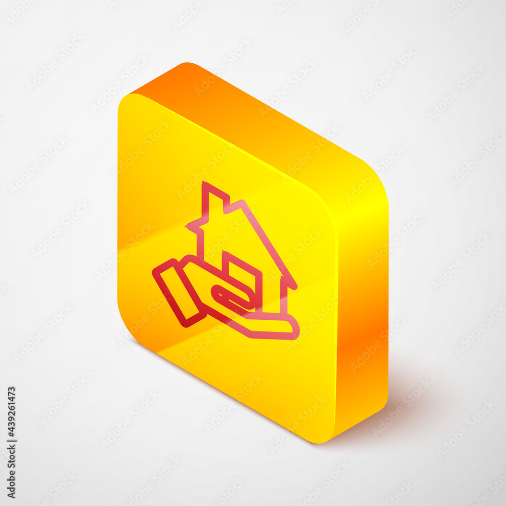 Isometric line Realtor icon isolated on grey background. Buying house. Yellow square button. Vector Isometric line Realtor icon isolated on grey background. Buying house. Yellow square button. Vector