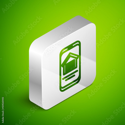 Isometric line Online real estate house on smartphone icon isolated on green background. Home loan concept, rent, buy, buying a property. Silver square button. Vector