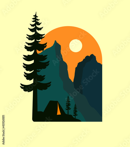 Camping in Torres del paine national park patagonia in chile with silhouette illustration style