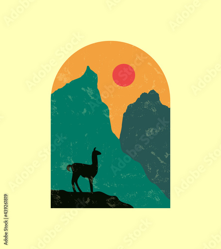 Ilama in Torres del paine national park patagonia in chile with silhouette illustration style