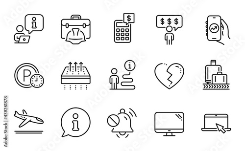 Business icons set. Included icon as Broken heart, Mute sound, Parking time signs. Computer, Baggage reclaim, Breathable mattress symbols. Financial app, Construction toolbox, Calculator. Vector