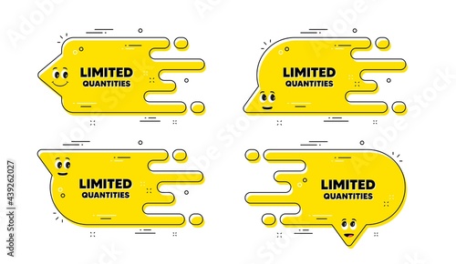 Limited quantities text. Cartoon face transition chat bubble. Special offer sign. Sale promotion symbol. Limited quantities pattern message. Character chat bubble. Vector