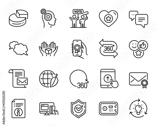 Vector set of Award app, Voting campaign and Dots message line icons set. Technical info, Environment day and Verified mail icons. Pie chart, Online payment and Thoughts signs. Vector