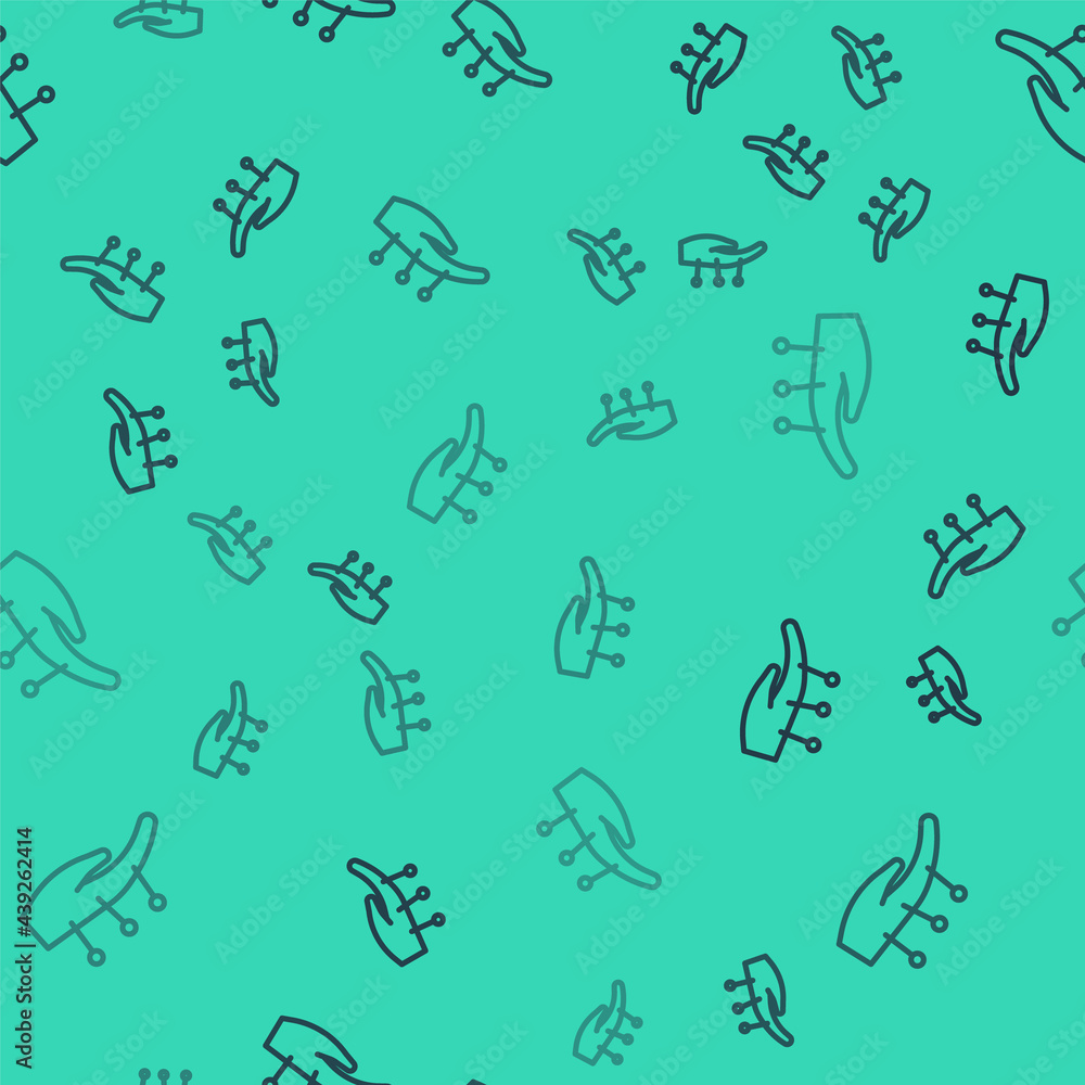 Black line Acupuncture therapy on the hand icon isolated seamless pattern on green background. Chinese medicine. Holistic pain management treatments. Vector Black line Acupuncture therapy on the hand icon isolated seamless pattern on green background. Chinese medicine. Holistic pain management treatments. Vector