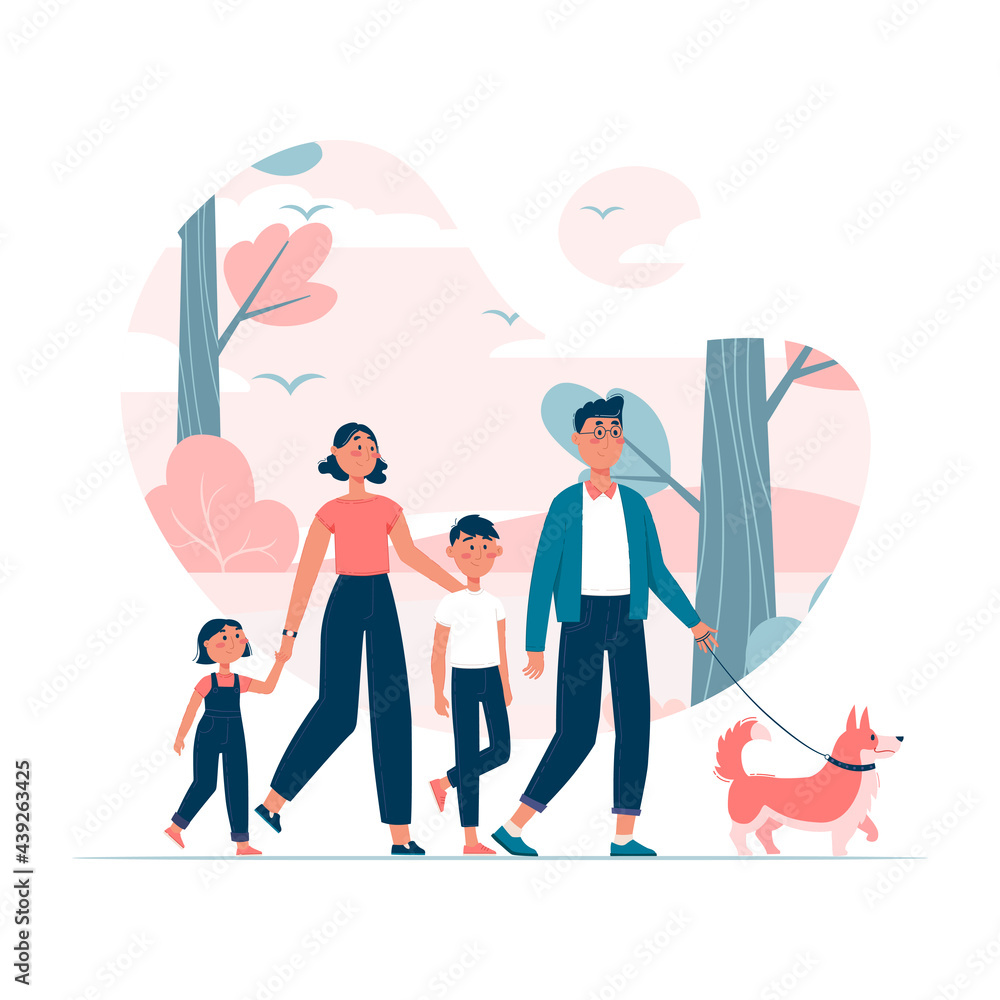 Vector illustration. Happy family with two kids walking dog on leash in the park Vector illustration. Happy family with two kids walking dog on leash in the park
