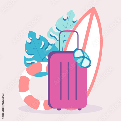 Concept of a flat vector illustration with luggage and leisure equipment. Modern illustration with serf deck, underwater mask and swimming ring isolated on beige background with monstera leaves.