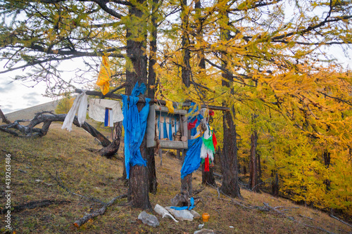 A small shamanic altar in the forest near Lake Khuvsgul photo