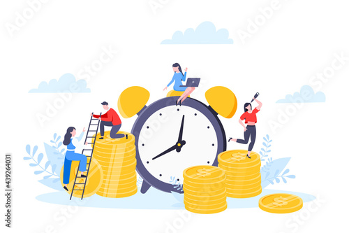 Time is money or save time business concept flat style vector illustration isolated on white background. Financial investment and marketing planning of money growth with US coin, big clock and people.