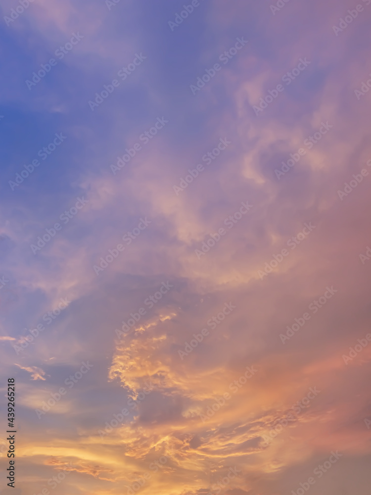Beautiful colored on sky and small fluffy cloudy in twilight time. Colorful   background from outdoor natural sunset with copy space.