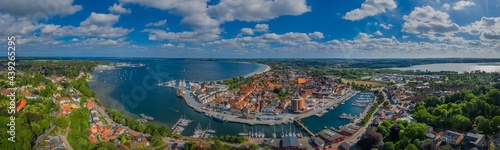 Panorama aerial view of port town Eckernförde popular tourist destination on the coast of the Baltic Sea in northern Germany, Rendsburg-Eckernförde, Schleswig-Holstein,the harbour of a fishing village