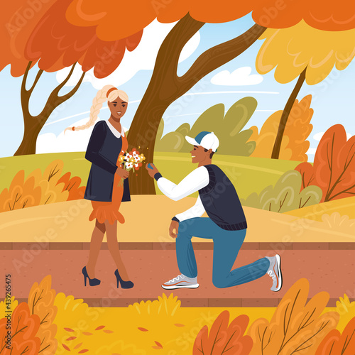 Latino boyfriend proposes to his girlfriend on one knee in an autumn park. Cartoon vector illustration