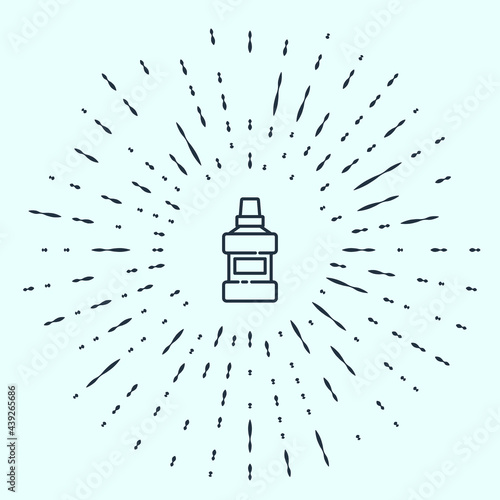 Black line Mouthwash plastic bottle and glass icon isolated on grey background. Liquid for rinsing mouth. Oralcare equipment. Abstract circle random dots. Vector