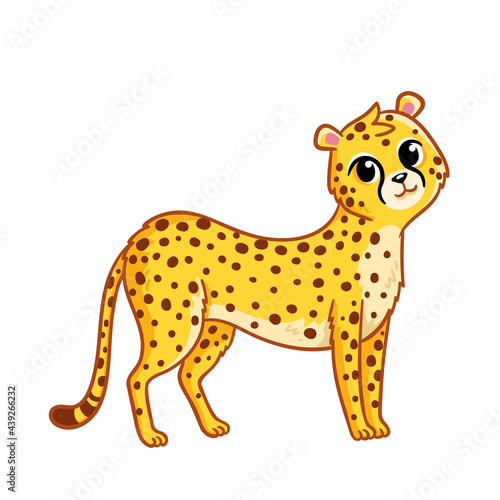Cute cheetah stands on a white background. Vector illustration in cartoon style