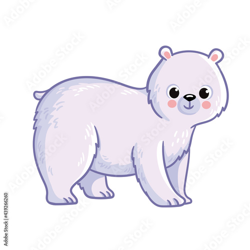 Cute polar bear stands on a white background. Vector illustration with northern animals