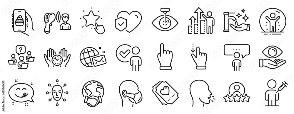 Set of People icons, such as Face biometrics, Consulting business, Love ticket icons. Touchscreen gesture, Electronic thermometer, Global business signs. Verification person, Medical mask. Vector