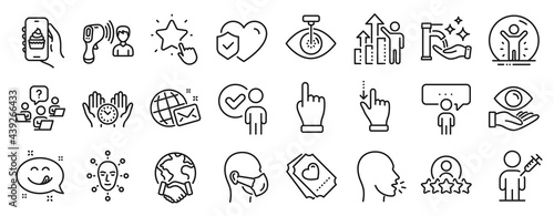 Set of People icons  such as Face biometrics  Consulting business  Love ticket icons. Touchscreen gesture  Electronic thermometer  Global business signs. Verification person  Medical mask. Vector