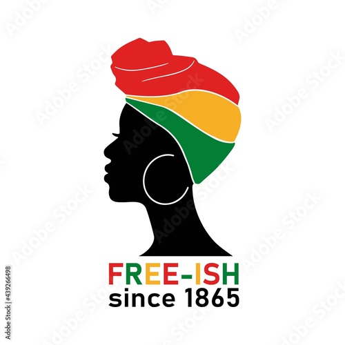 Juneteenth free-ish since June 19, 1865 quote with afro woman and flag isolated on white background. Vector flat illustration. Design for banner, poster, greeting card, flyer