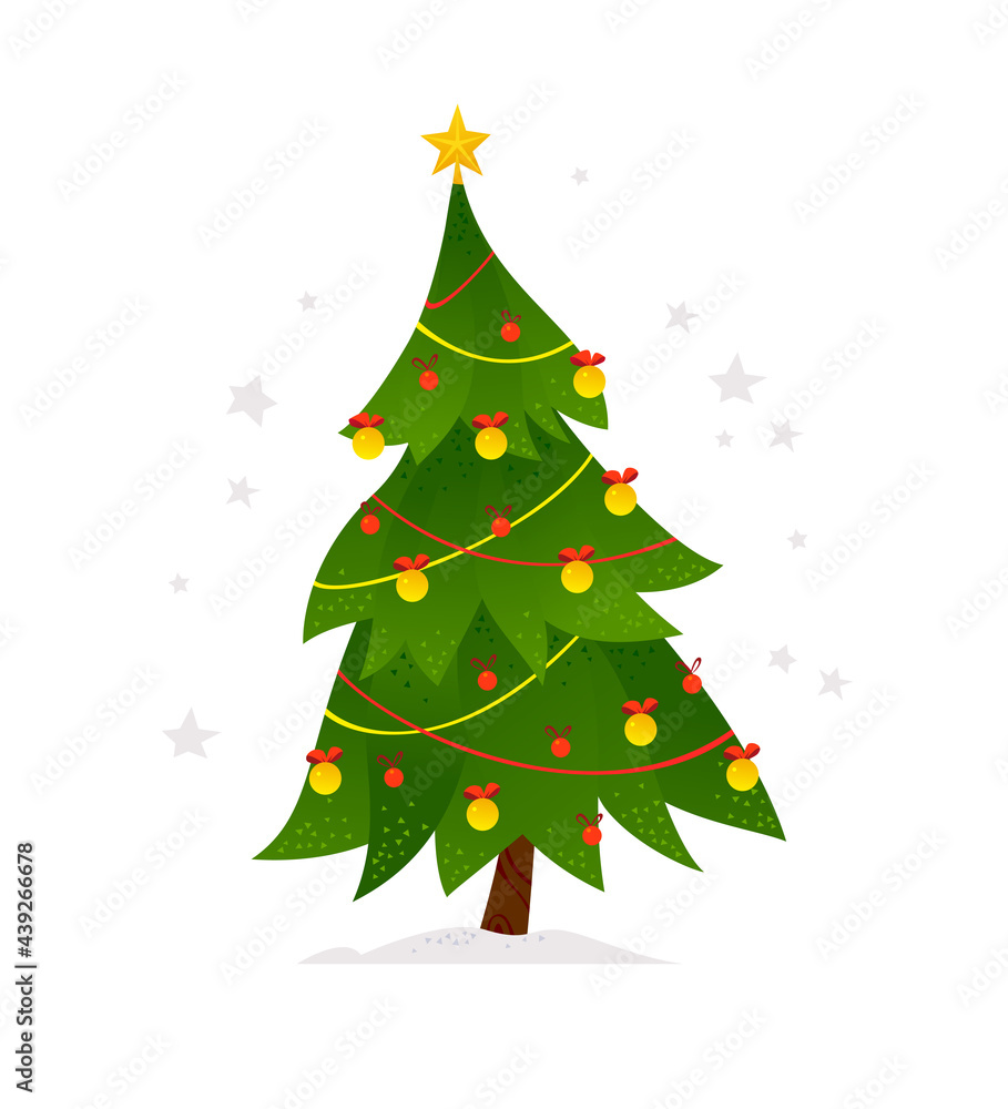 Vector illustration of decorated christmas fir tree isolated. Cartoon flat illustration. For cards, banners, postcards, web, posters, packaging etc. Vector illustration of decorated christmas fir tree isolated. Cartoon flat illustration. For cards, banners, postcards, web, posters, packaging etc.