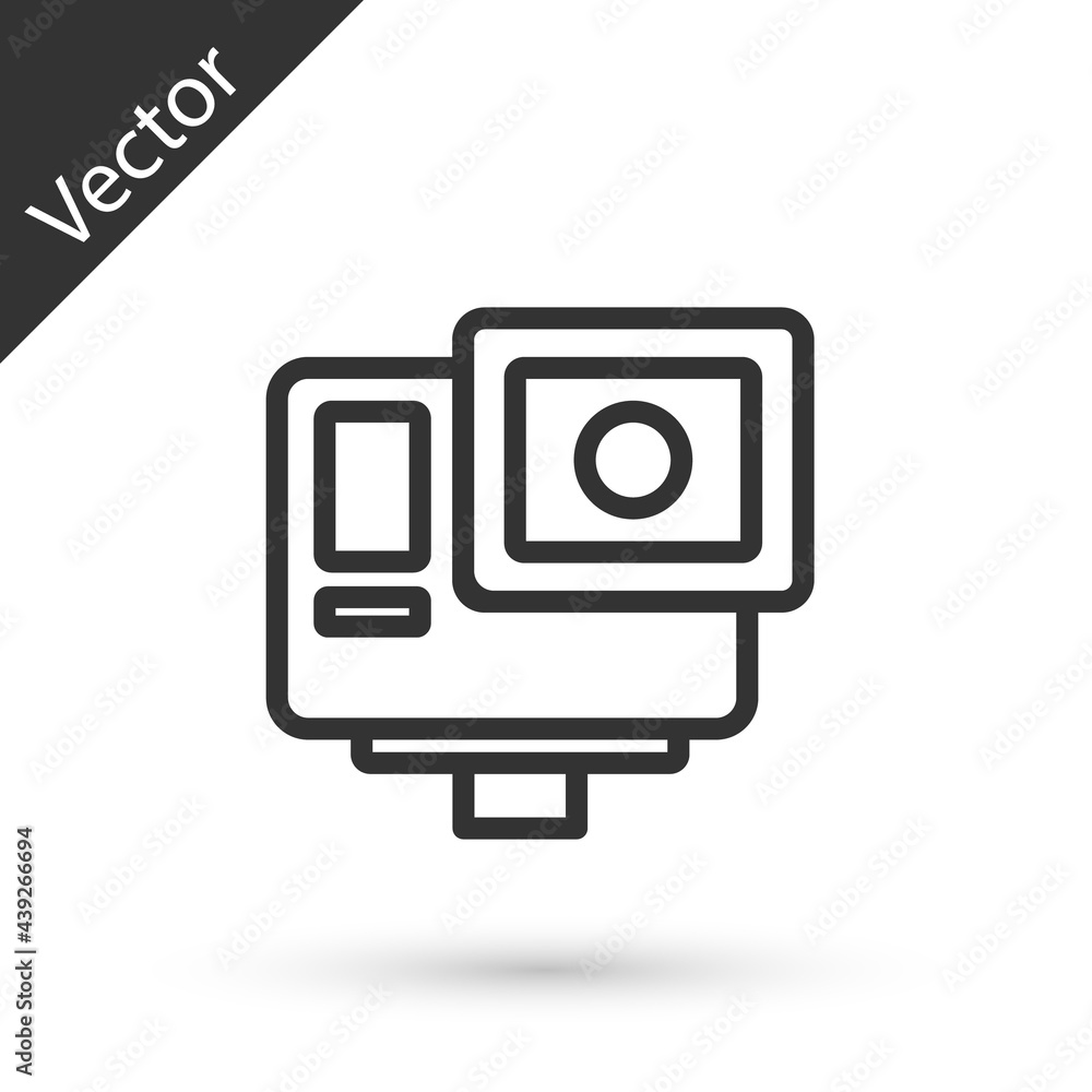 Grey line Action extreme camera icon isolated on white background. Video camera equipment for filming extreme sports. Vector Grey line Action extreme camera icon isolated on white background. Video camera equipment for filming extreme sports. Vector
