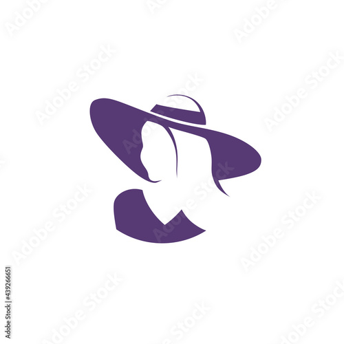 Beautiful young lady in hat portrait isolated. Awesome model head hand drawn silhouette. Vector flat illustration. For emblem, tag, logo, banner etc.