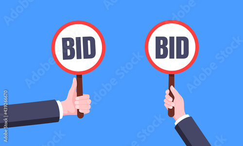 Hand hold round auction bid paddle banner plate sign business concept flat style design vector illustration set. Hand holds bid voting paddle.
