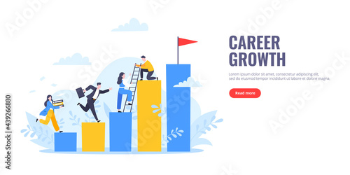 Business mentor helps to improve career and holding stairs steps vector illustration. Mentorship, upskills, climb help and self development strategy flat style design business concept.
