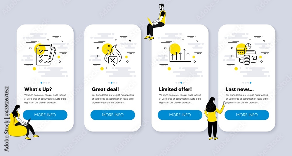 Vector Set of Finance icons related to Growth chart, Survey checklist and Hot offer icons. UI phone app screens with people. Budget accounting line symbols. Upper arrows, Report, Sale discount. Vector