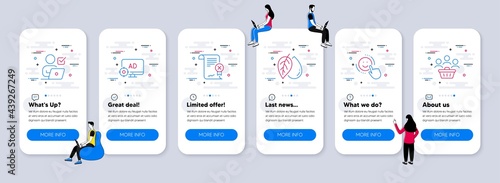 Business icons set. UI phone app screens with teamwork. Included icon as Reject certificate, Online voting, Seo adblock signs. Smile, Mineral oil, Buyers line icons. Vector