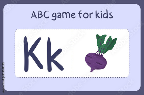 Kid alphabet mini games in cartoon style with letter K - kohlrabi violet . Vector illustration for game design - cut and play. Learn abc with fruit and vegetable flash cards.