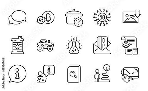 Fototapeta Naklejka Na Ścianę i Meble -  Technology icons set. Included icon as Refresh bitcoin, 5g technology, Computer mouse signs. Download photo, Credit card, Oil barrel symbols. Tractor, Messenger, Settings blueprint. Vector