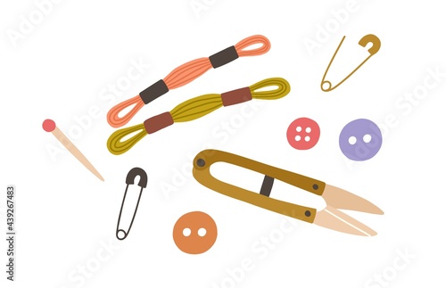 Set of sewing accessories and repair tools. Skeins of thread, embroidery floss, safety pins, buttons, cutter and nipper for handcraft. Flat vector illustration of handicraft supplies isolated on white