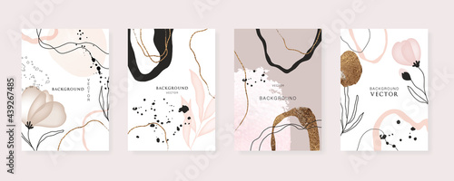 minimal background in pink flowers and tropical summer leaf with golden metallic texture gallery wall art vector