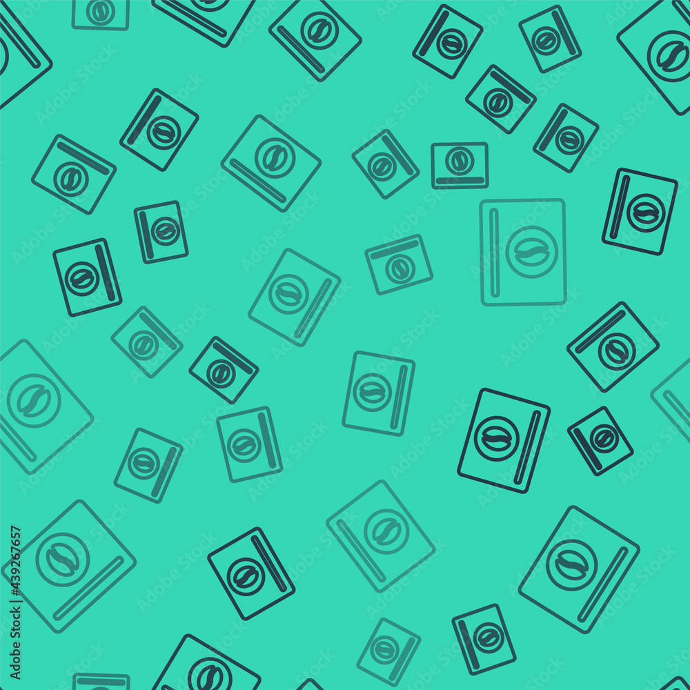 Black line Bag of coffee beans icon isolated seamless pattern on green background. Vector Black line Bag of coffee beans icon isolated seamless pattern on green background. Vector