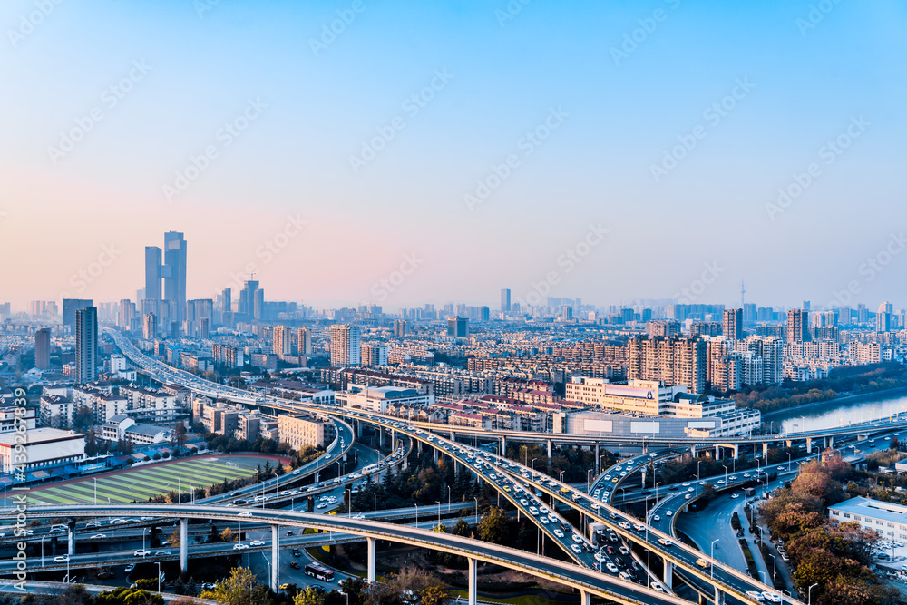 Scenery of Sai Hong Bridge and city skyline in Nanjing, Jiangsu, China 
