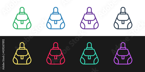 Set line Handbag icon isolated on black and white background. Female handbag sign. Glamour casual baggage symbol. Vector