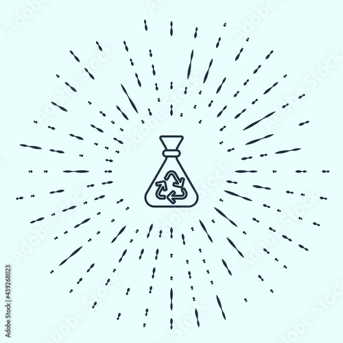 Black line Garbage bag with recycle symbol icon isolated on grey background. Trash can icon. Recycle basket sign. Abstract circle random dots. Vector