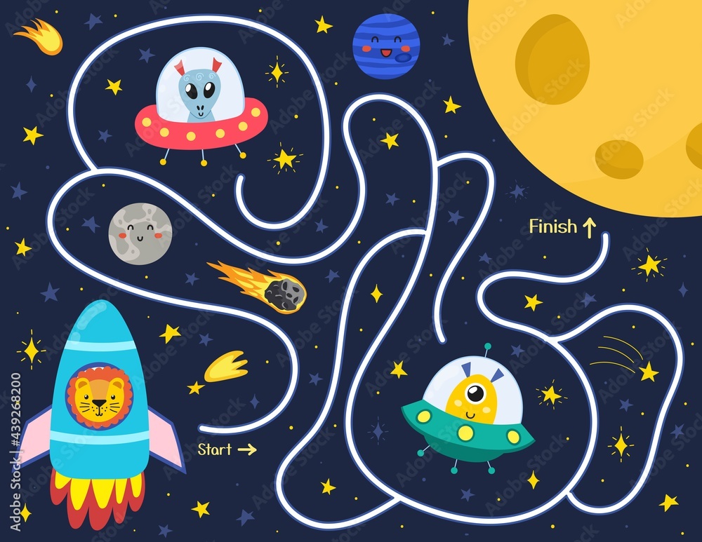 Help a cute lion in a rocket find a way to the Moon. Space maze puzzle for kids. Activity page with funny space character. Mini game for school and preschool. Vector illustration Help a cute lion in a rocket find a way to the Moon. Space maze puzzle for kids. Activity page with funny space character. Mini game for school and preschool. Vector illustration