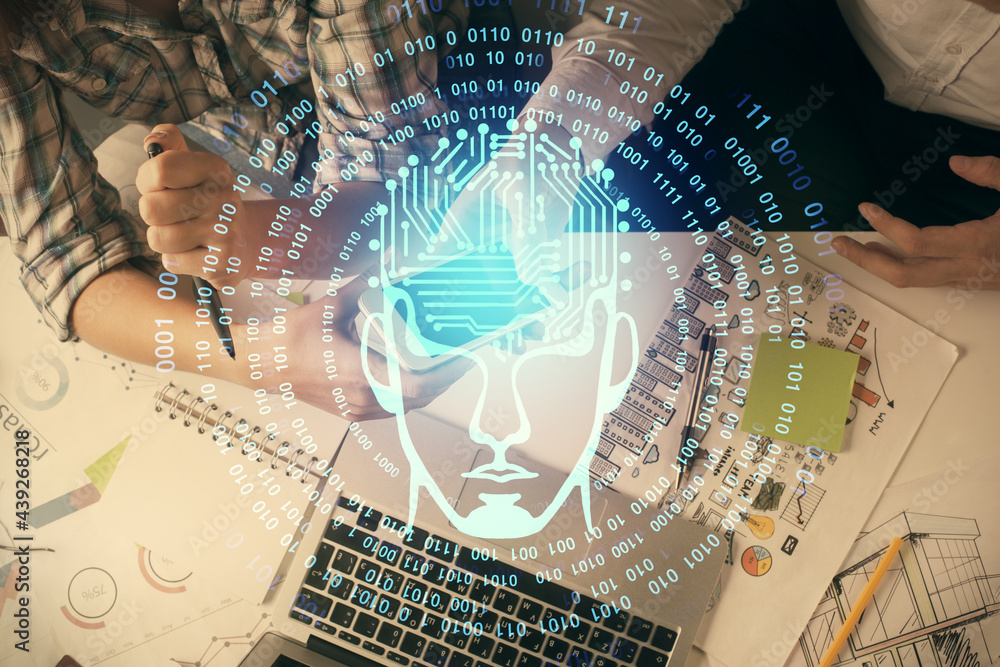 Double exposure of man and woman working together holding and using a mobile device and brain hologram drawing. Double exposure of man and woman working together holding and using a mobile device and brain hologram drawing.
