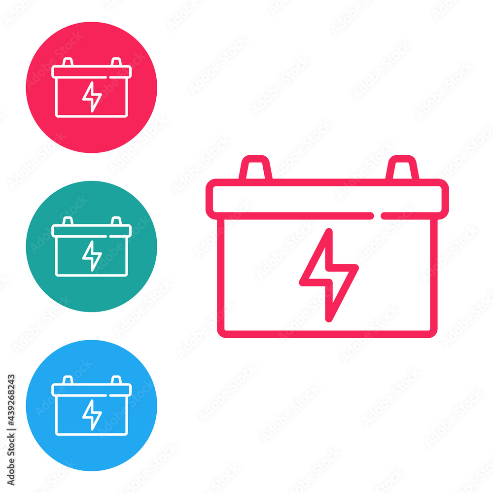Red line Car battery icon isolated on white background. Accumulator battery energy power and electricity accumulator battery. Set icons in circle buttons. Vector