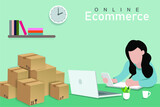 online ecommerce A woman is selling stuff online with a bunch of parcel boxes. online selling concept modern ecommerce business