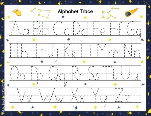 Trace alphabet activity page for kids. Handwriting letters practice. Space worksheet. Educational game for preschool. Vector illustration